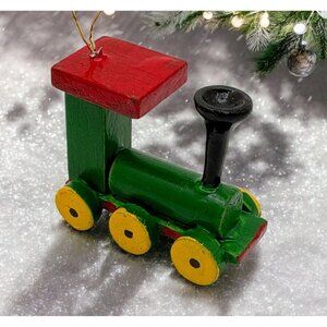 Vintage Wooden Train Christmas Tree Ornament Green Hand Painted Taiwan